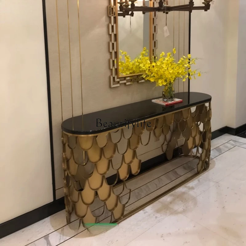 

01LItalian light luxury marble entrance table designer creative stainless steel fish scale personalized
