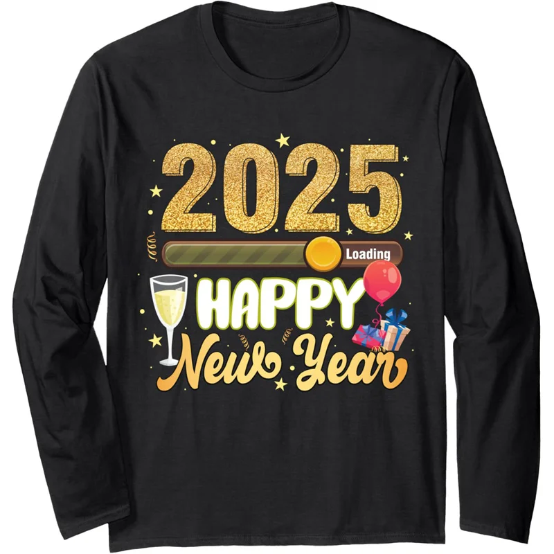 3D Printed Happy New Year 2025 T Shirt For Men Celebration Pattern Tees Autumn Casual O-Neck Tops Loose Long Sleeve T-Shirts