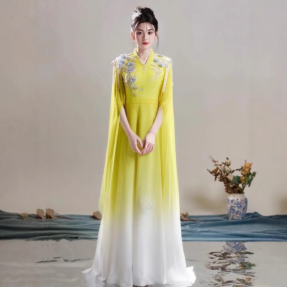 Chinese Classical Dance Costume Yellow Gradual Song Recitation Costume Elegant Women Guzheng Performance Hanfu Qipao Dress