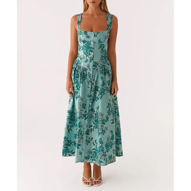 Combhasaki Abito estivo da donna elegante senza maniche con stampa floreale abbottonato spalline larghe collo quadrato smocked swing abito lungo a trapezio