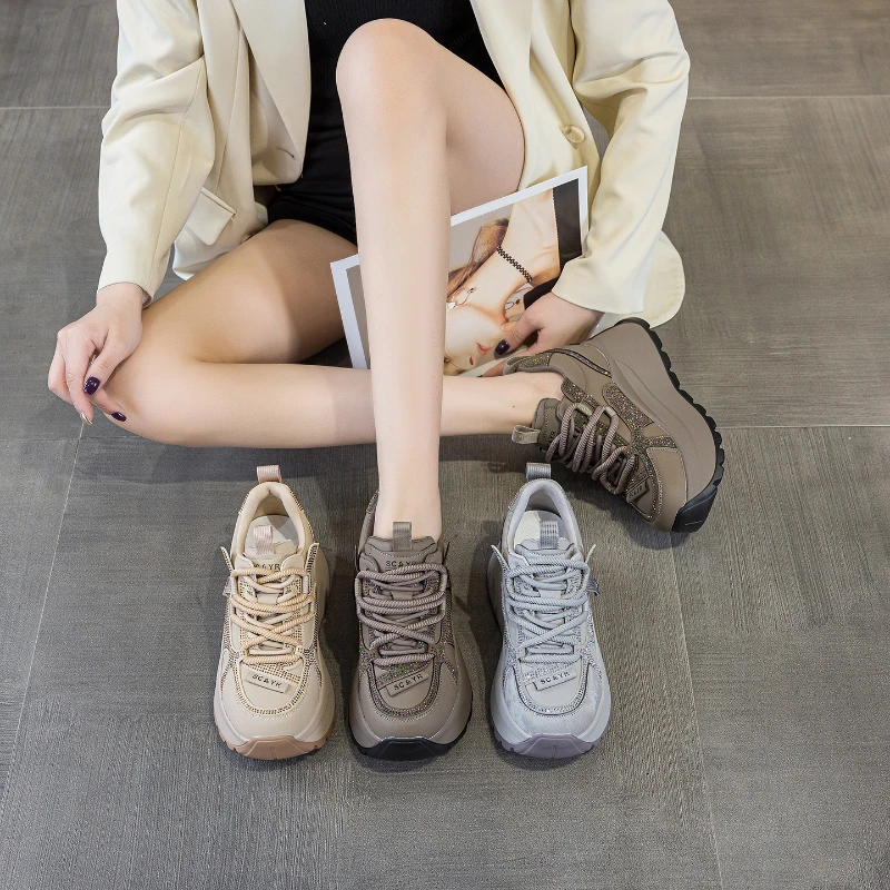 

Womens Neutral Tone Platform Chunky Sneakers With Rhinestone Detail Hidden Heel Lift Lace Up Casual Dad Shoes For Daily Wear