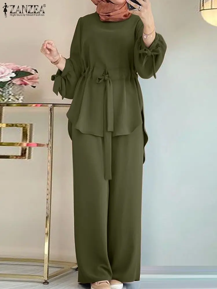 ZANZEA femmes musulmanes correspondant ensembles à manches longues dessus de couleur unie et pantalon ample costumes élégant mode survêtement de sport caftan 2025