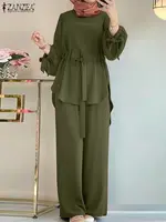 ZANZEA femmes musulmanes correspondant ensembles à manches longues dessus de couleur unie et pantalon ample costumes élégant mode survêtement de sport caftan 2025 1