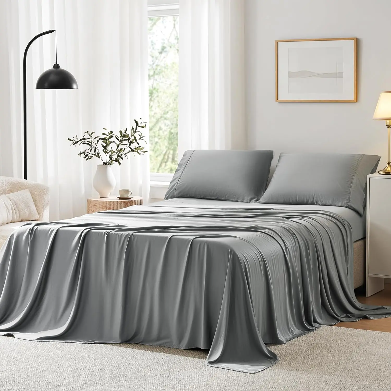 

Cooling King Size Sheet Set - Viscose from Bamboo, Breathable & Silky, 16" Deep Pocket, Grey