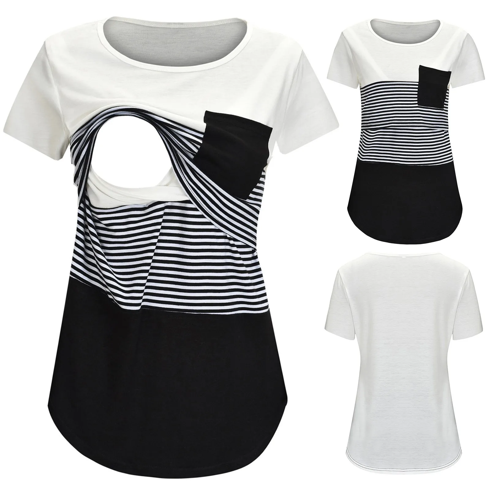 New Maternity Clothes Casual Tops Nursing For Breastfeeding T Shirt Striped Print Women Maternity Short Sleeve Maternity Blouse