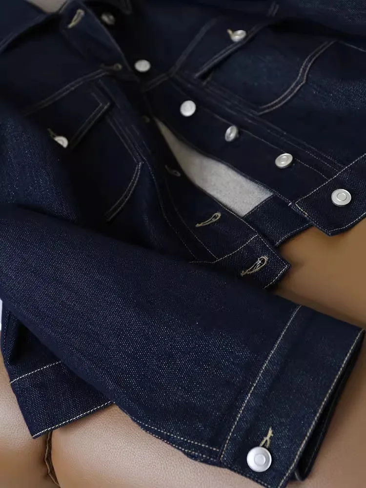 Vintage Bright Line Color Collision Workwear Džínová bunda Dámská jarní a podzimní tenká malá tenká krátká studentská halenka - náhled 5