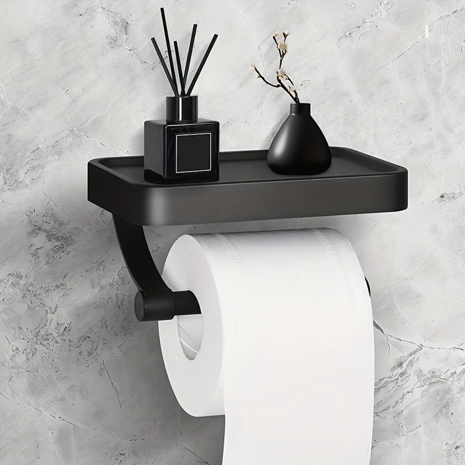 Multipurpose Black Stainless Steel Toilet Paper Holder - Self-Adhesive with Phone Shelf, Rust-Proof & Easy Installation for Bath