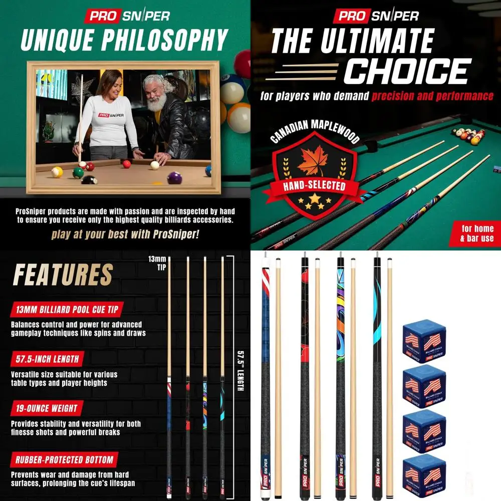 

Set of 4 Premium 58-Inch 19-Oz Maple Pool Cues with Low-Deflection Shafts and 4 Extra Chalks for Home and Bar Play