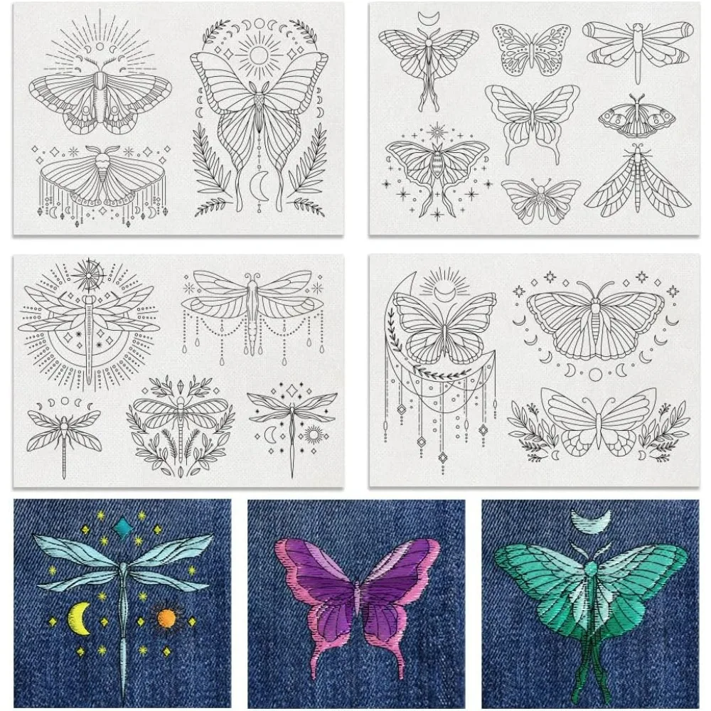 4Sheets 19Pcs Mystic Butterfly Water Soluble Embroidery 11.7x8.3inch Stick and Stitch Embroidery Paper Stabilizer Water Soluble