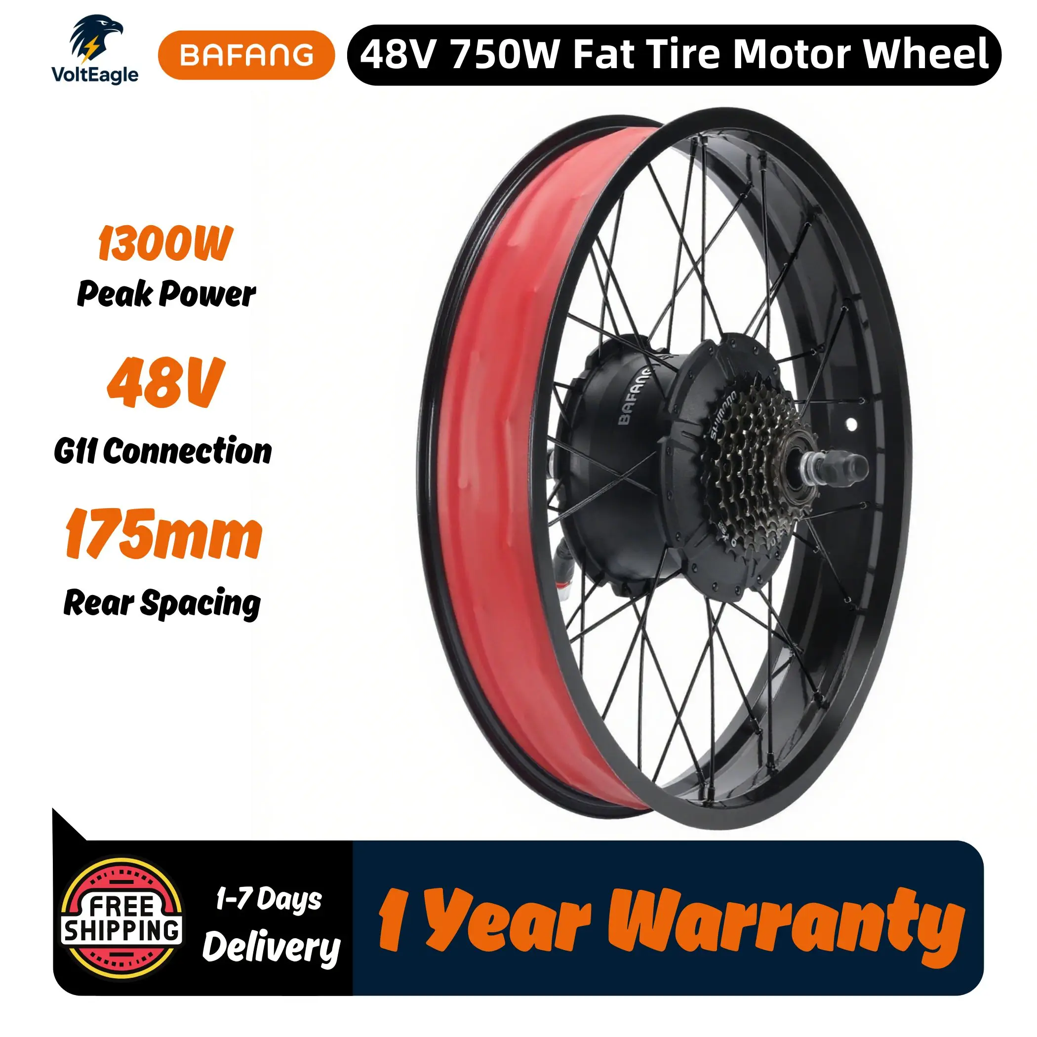 

BAFANG G062 Моторное колесо для электровелосипеда, 750 Вт, замена заднего колеса для электрического велосипеда с толстыми шинами 48 В, дополнительно, внешний диаметр 175 мм, 80 Нм