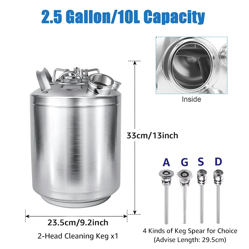 2헤드 맥주 세척 케그, 2.5갤런/10리터 맥주 라인 세척 키트 세척 케그, A/G/S/D 타입 맥주 케그 스피어 선택 가능, 홈브루 키트