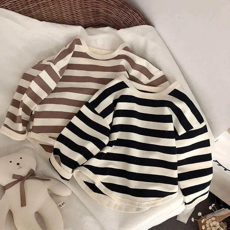 Spring Autumn Fashion Striped Children Long Sleeved T Shirt Loose Casual Kids Base Shirt Baby Boys Pocket Blouse Crewneck