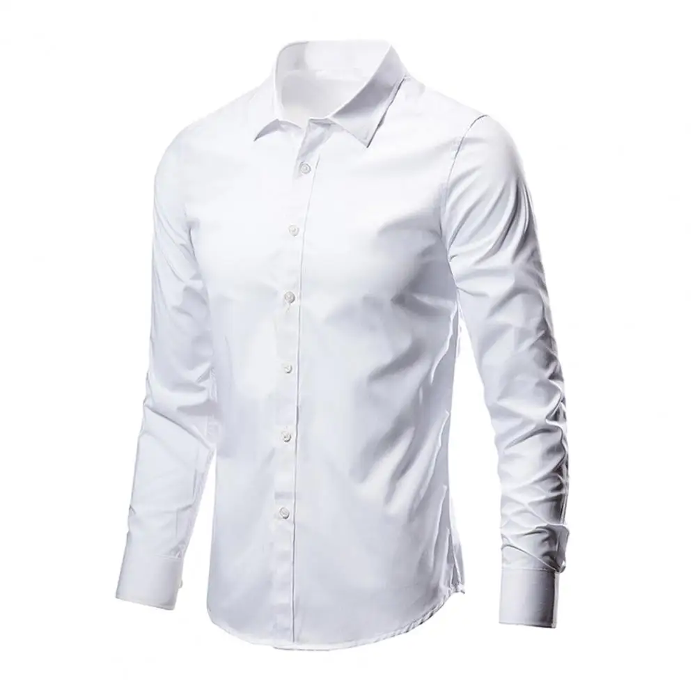 Men Polyester Shirt Slim Fit Men Shirt Stretchy Slim Fit Men's Business Shirt with Turn-down Collar Long Sleeve Solid Color