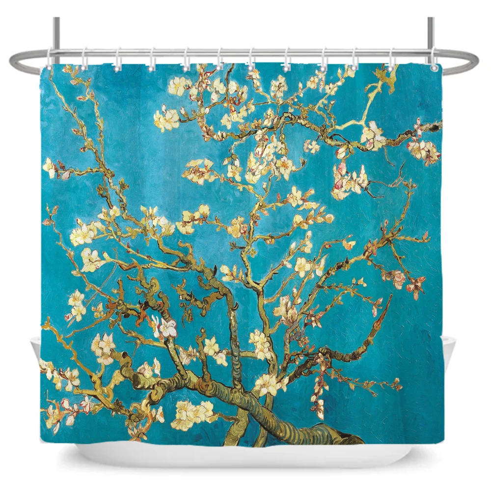 Van Gogh Shower Curtain for Bathroom with Hooks,Almond Blossom Flowers Decor Bathroom Curtains Set, Waterproof Polyester Fabric