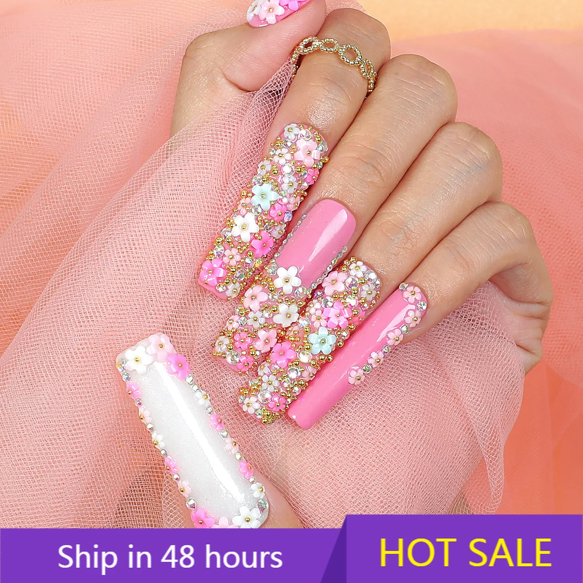 

YTYIN Wear Armor Pure Hand-made High-quality Boutique Flower French Square Long-lasting Plastic Full Cover Glue Finger 10pcs