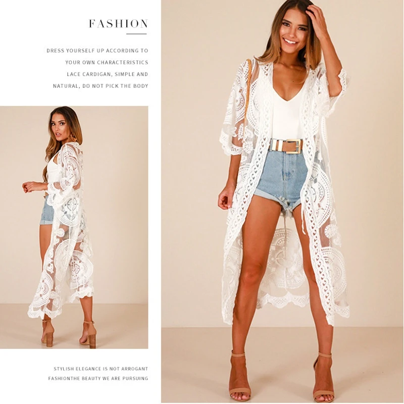 Summer Women Lace Swimsuit Bikini Lady Cover Up Kimono Cardigan Women Swimwear Kaftan Bathing Suit Vacation Beach Dress