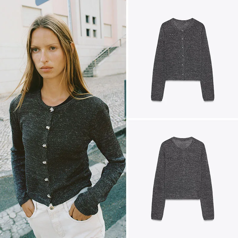 

New Autumn Women's round Ne Knitted Top Coat Metal Color Button Casual Sle Long Sve Regular Length Girl's Outerwear