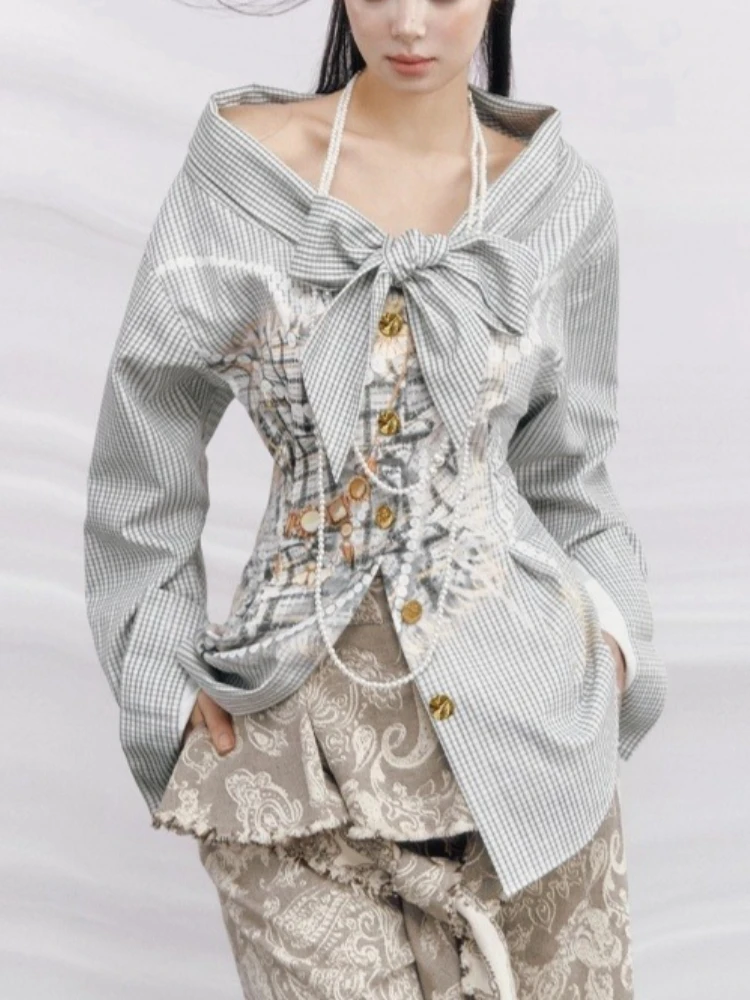 

French Vintage Plaid Shirt Women Oversized Printed Bow Long Sleeve Blouse Korean Harajuku Fashion Casual Streetwear Popular Top