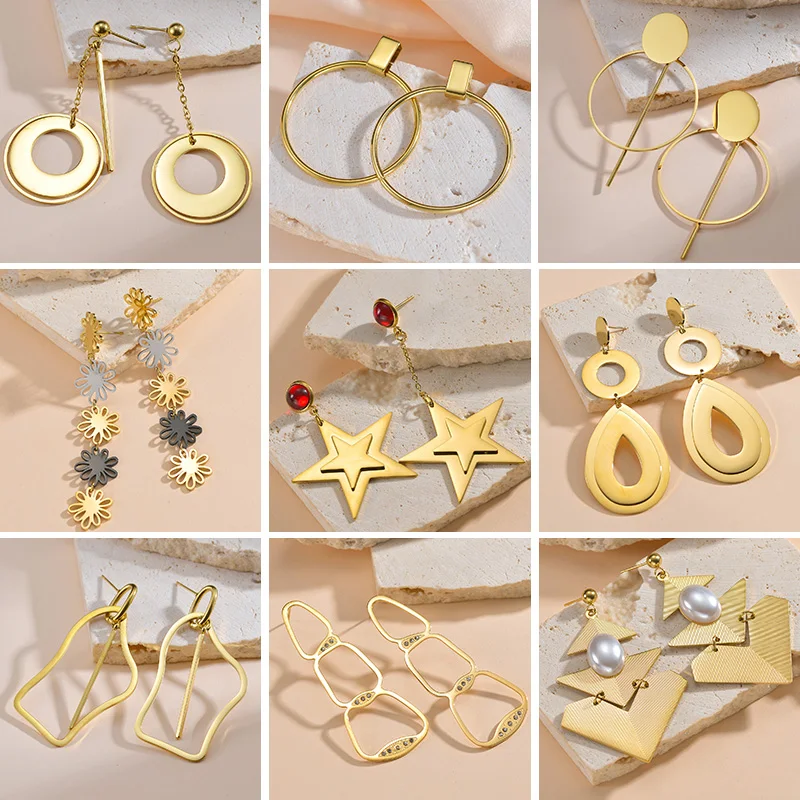 Stainless steel geometric gold-plated pendant earrings 2024Fashion Exaggerated Metal Irregular Circle Earrings Jewelry for Women