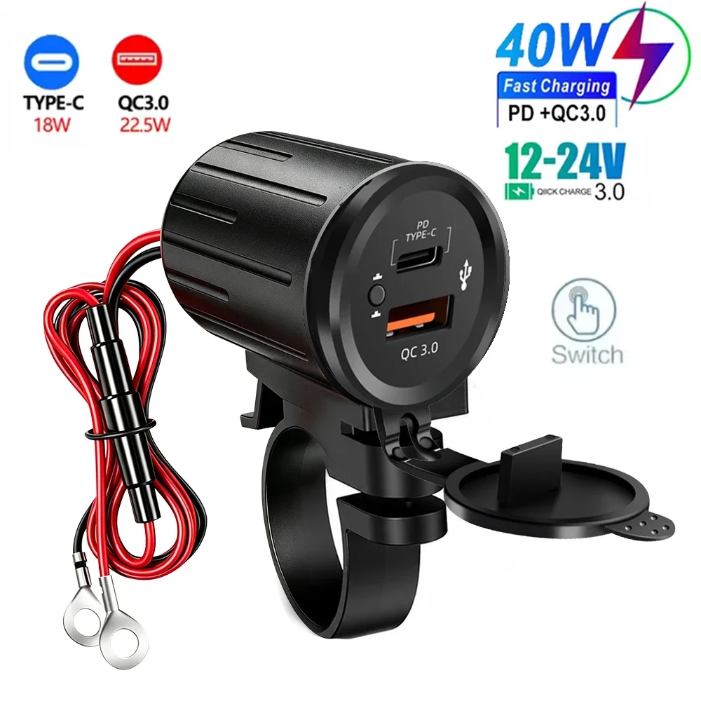 PD QC 3.0 USB C Car Charger with Switch Motorcycle Fast Charger Socket Power Outlet Adapter Waterproof for 12V/24V Car ATV Boat