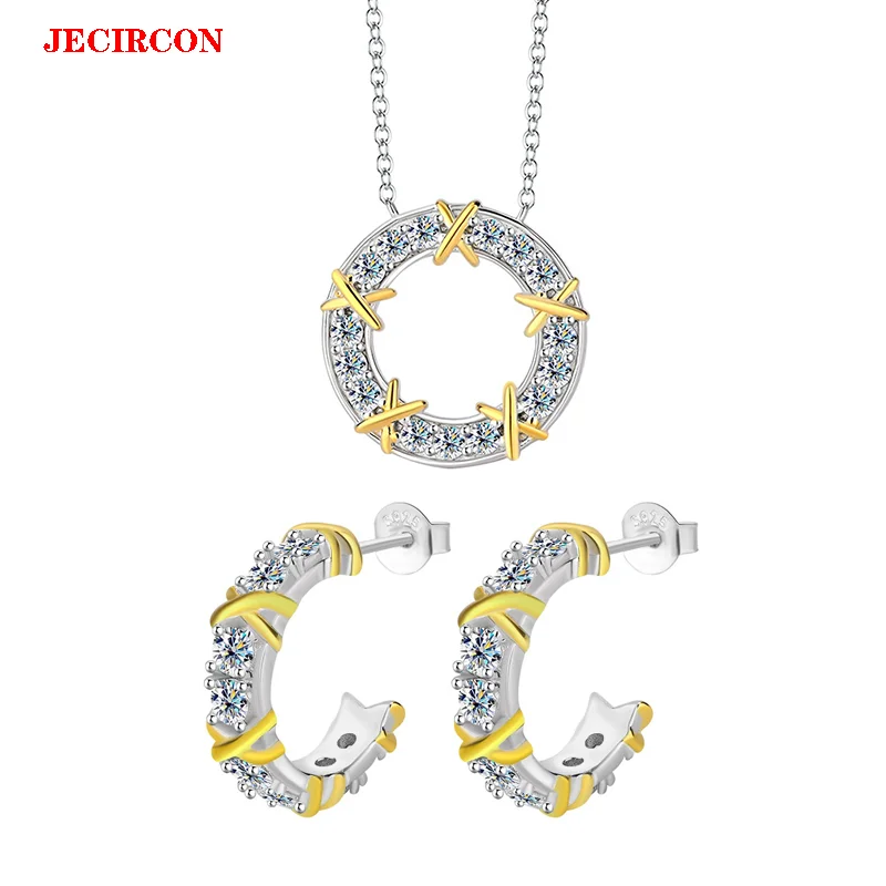 

JECIRCON Womwn's S925 Sterling Silver Jewelry Ensemble - Full Moissanite (0.1ct/Stone) Necklace & Earrings, Unique X - design