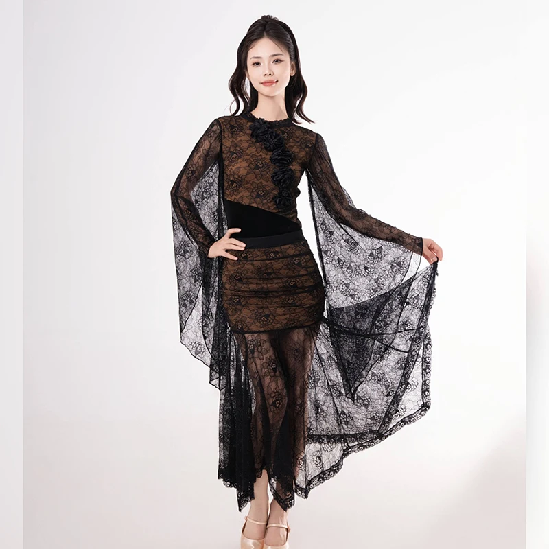 Modern Dance Clothes Women'S Practice Outfits Flared Sleeve Lace Top Split Skirts Suit Ballroom Dance Performance Wear DN19391