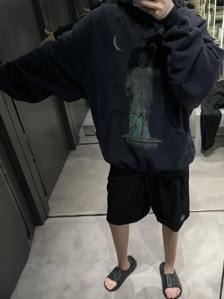 

Parisian Sle Printed Distred Waed Hoodie Sweatirt ex Couple Matching Loose Fit Urban Faion Mid-Length Coat