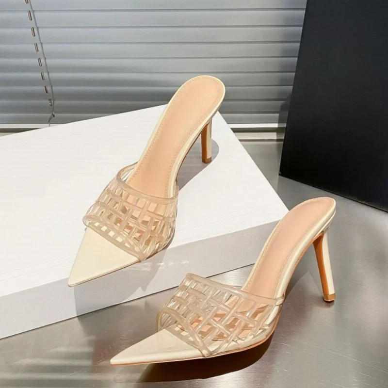 Women's Transparent Woven Grid Pointed Toe Thin Heel Sandals Peep Toe Breathable Female Shoes Minimalist Fashion Ladies Footwear