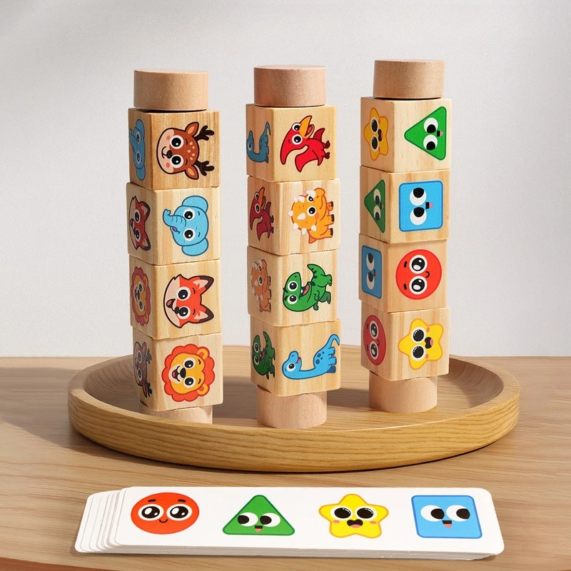 

Wooden Dinosaur Animal Puzzle Rolling Block Toy Montessori Match Game with Cards 1 PC Fine Motor Training Toy Gift for Toddlers