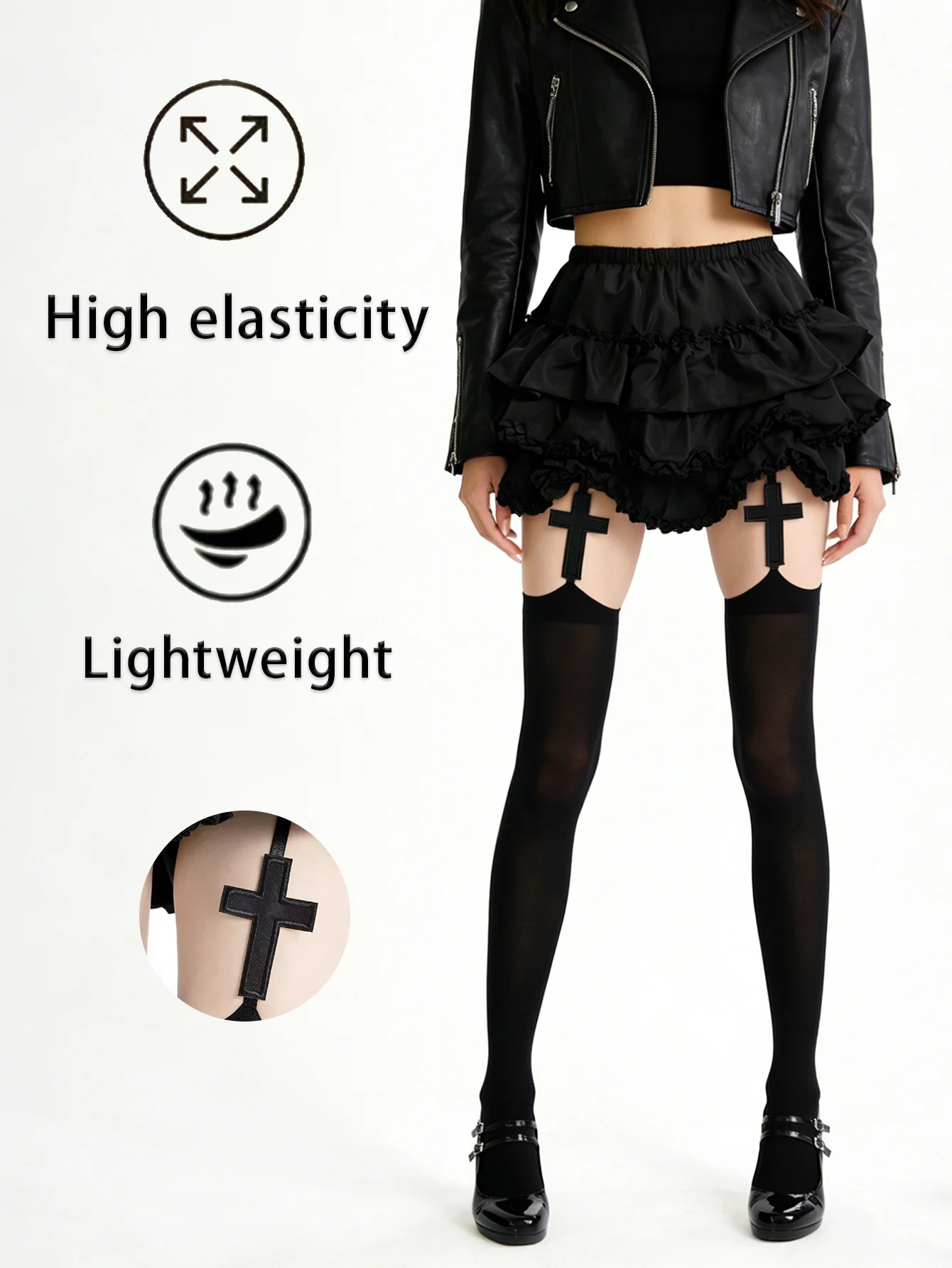 1 Pair Women's Solid Color One-Piece Suspender Socks Spicy Girl Cross Detail Y2K Gothic Dark Style Socks, Waist-Friendly Non-Tig