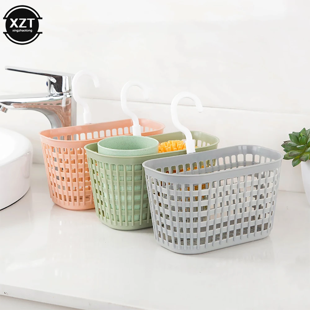 Plastic Sundries Hanging Draining Basket Storage Sink Storage Bag Sink Holder Soap Holder with Hook Kitchen Bathroom Organizer