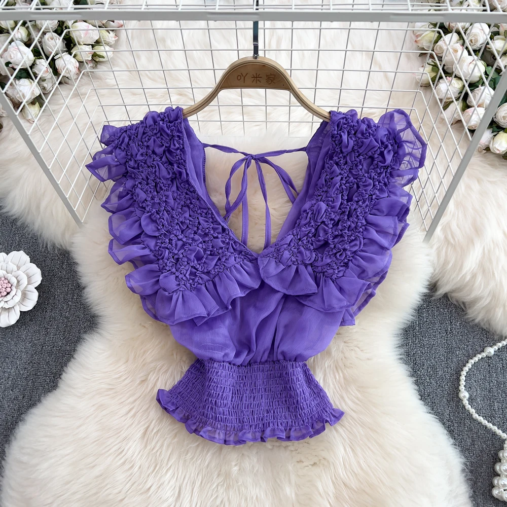Zomer Nieuwe Sle Koreaanse V-ne Fly Sve Bal Geplooide Elastische Chiffon Dames Faion Taille-cinching ort Top Trendy