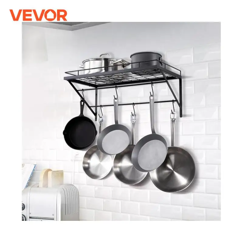 VEVOR 24inch Wall Mounted Pot Rack Storage Shelf with 2 Tier Hanging Rails 12 S Hooks included Ideal for Pans Utensils Cookware