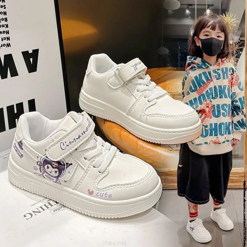 Children\'s Sneakers Girls Boys Lovely Kuromi Melody Print Sport Shoes Flat Kids Tennis Shoes New White Casual Flat Shoes Gift