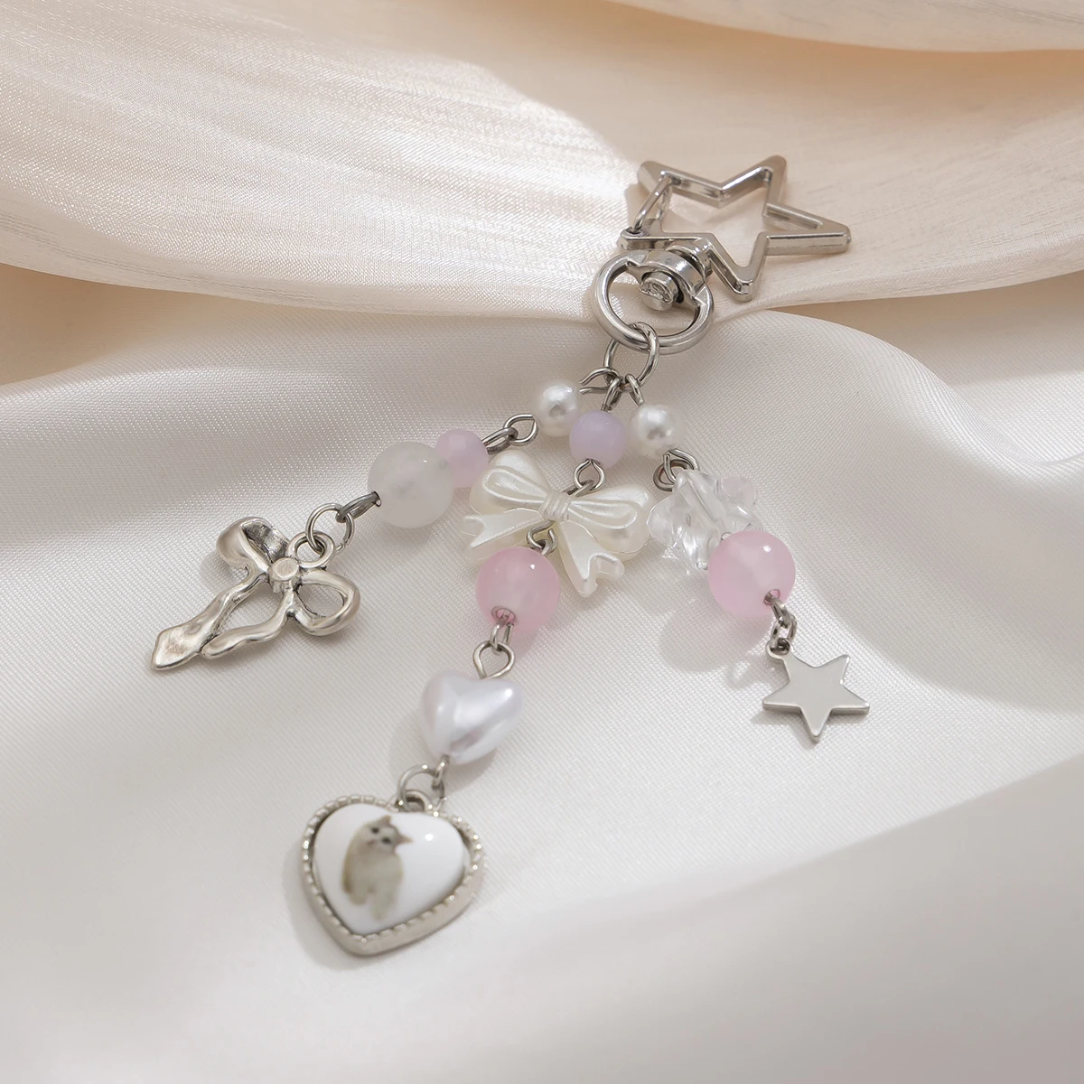 SHIXIN Sweet Bowknot Tassel Love Heart Cat Pendant Keychain Women Imitation Pearl Bead Key Ring Bag Pendant Y2K Accessories New