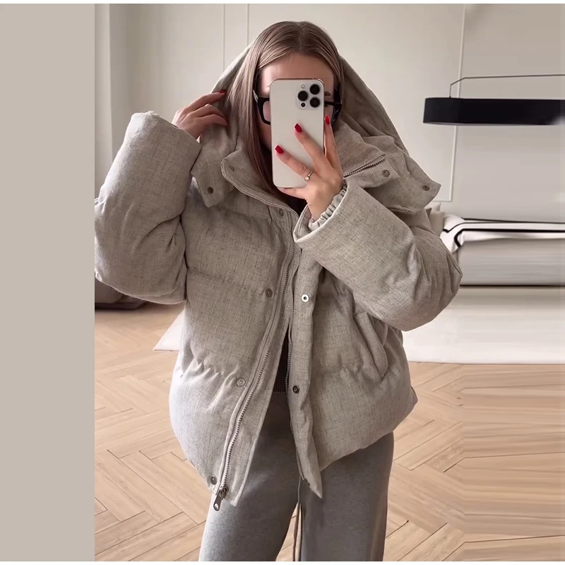 Hooded Stand Collar Fitted Puffer Coat Zip‑Up Oversized 2026 Winter Women Warm Padded Jacket Glam Causal Lady Cotton‑Padded Coat