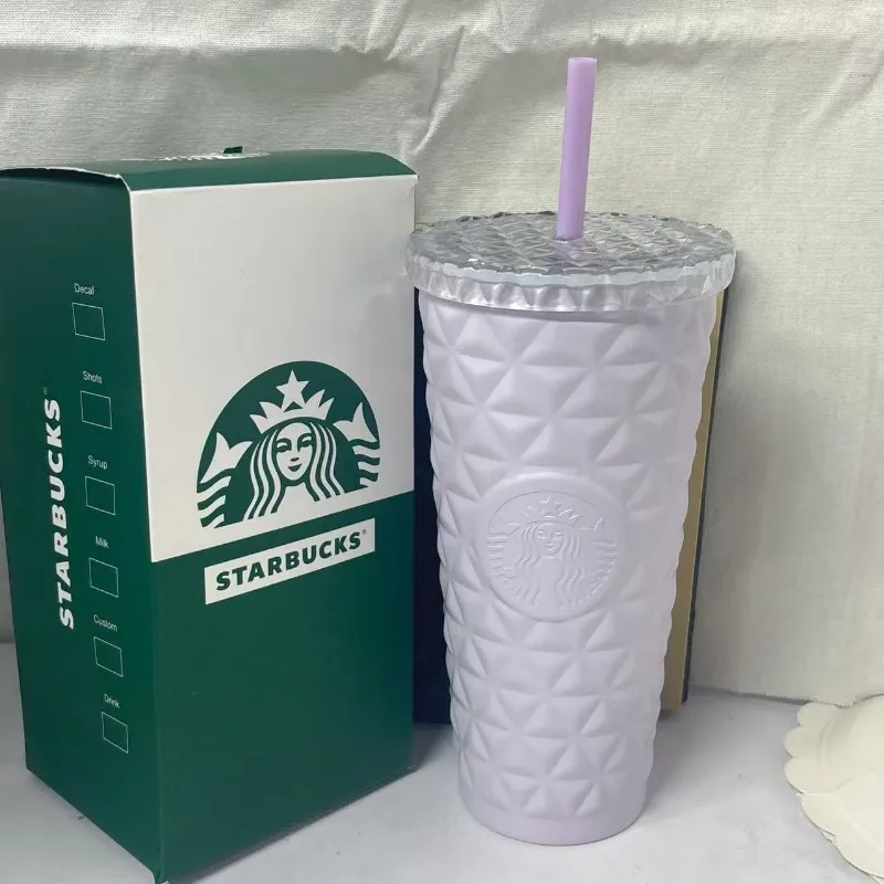 Vaso Térmico Starbucks de 500ml con Diseño de Diamantes Lavanda Soñadora, Taza Fría Morada Pastel Mate con Tapa de Cristal y Popote a Juego