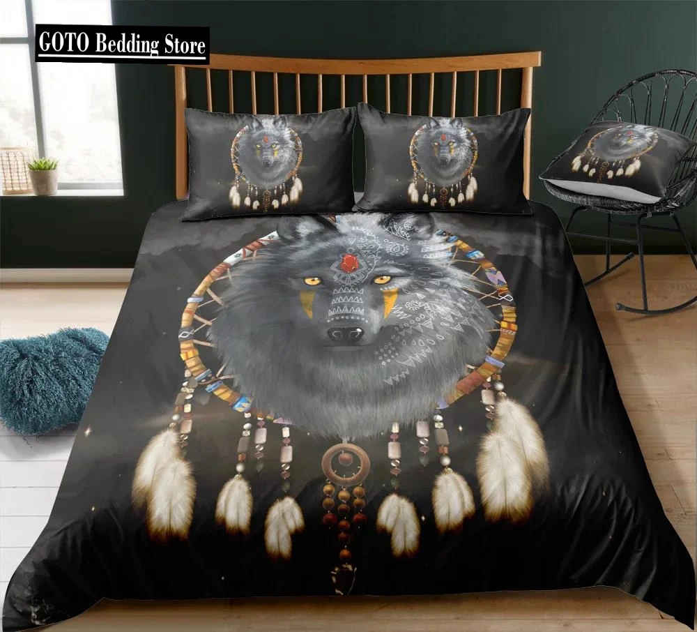 

Bedclothes 2021 Indian Ann Wolf Bedding Kid Full Queen King Bed Bedlinen Bohemian Feathers Bedding Set Dreamcatcher Bedding Sets