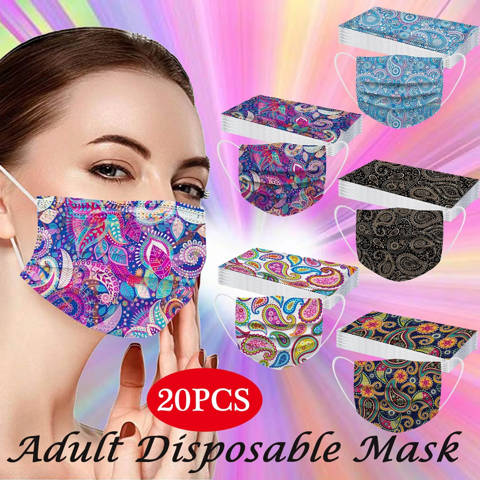 20PCS Adult\'s Mask Paisley Print Disposable Face Mask Industrial 3Ply Ear Loop Outdoor Dust-Proof Face Protective  Mask