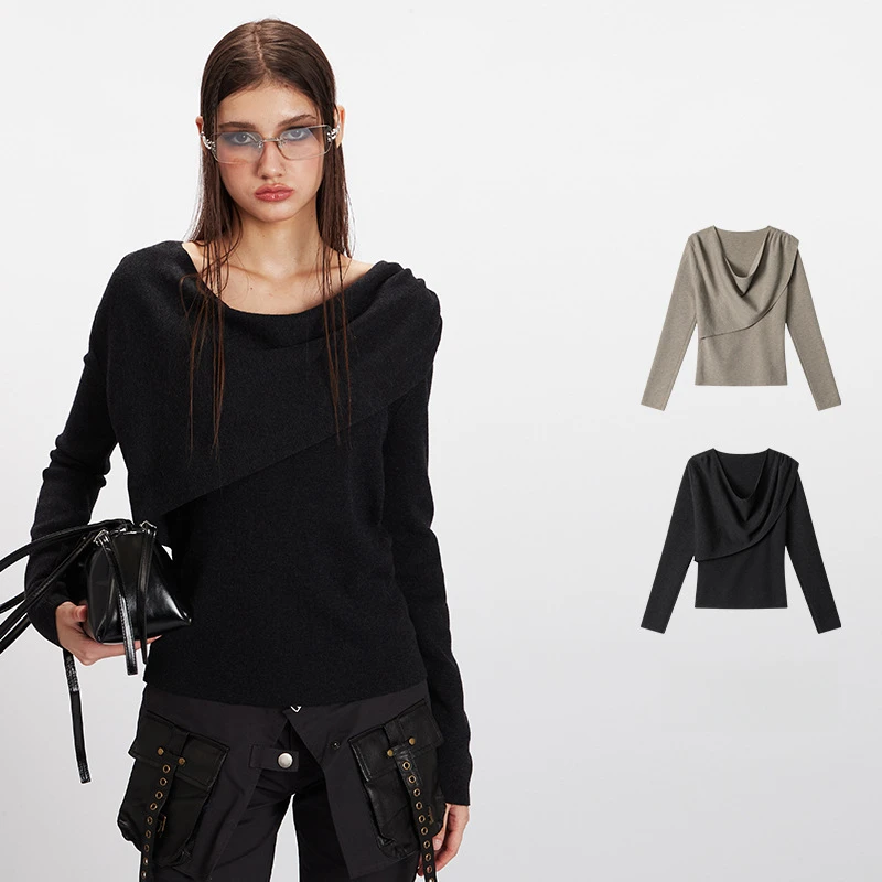 

Women's New Arrival Winter Asymmetric Neck Knitted Sweater Classic American Cool Style Stylish Warm Black/Gray Fashion Top