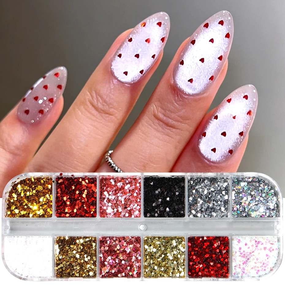 12 Grilles de Mini Cœurs Rouges pour Nail Art, Paillettes en Forme de Cœur, Flocons d'Ongles, Breloques Saint-Valentin, Décorations pour Manucure