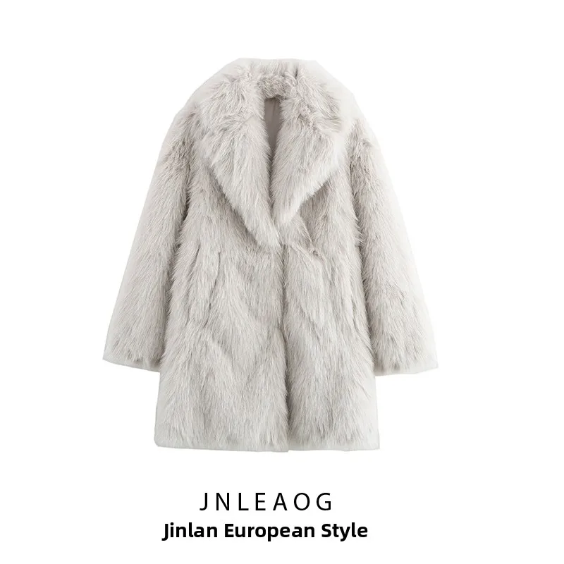 Fashionable Artificial Fur Effect Women's Coat JNLEAOG Autumn New Design Long Sleeve Stand Collar Street Style Mid-Length