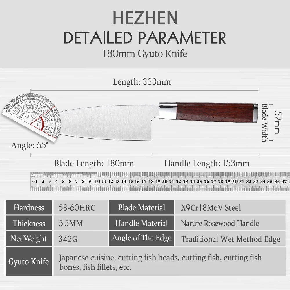 HEZHEN 180mm Deba Knife X9Cr18MoV Stainless Steel Cuisine Carving Tuna Salmon Sushi Sashimi Knife Kitchen Knives Cutting Tool