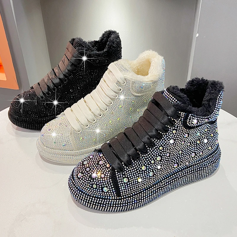 Rhinestone Covered High Top Sneakers Woman Winter Warm Plush Lined Casual Boots Ladies Luxury Brand Design Bling Rivet Shoes