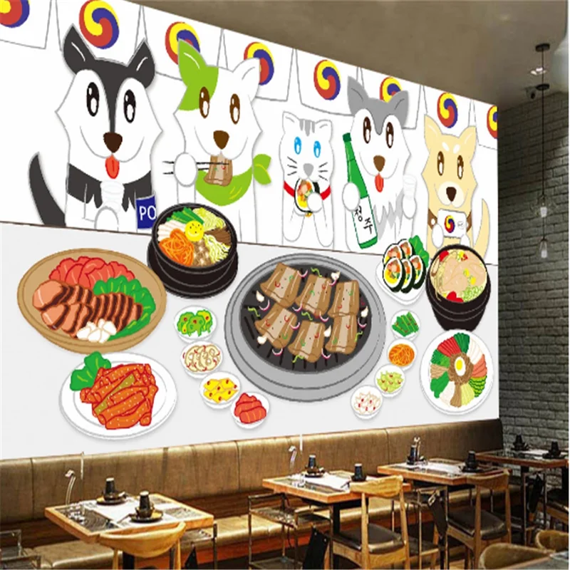 Custom Hand- Korean food cartoon Animal Barbecue Shop Background Wall Industrial Decor Mural   wallpaper