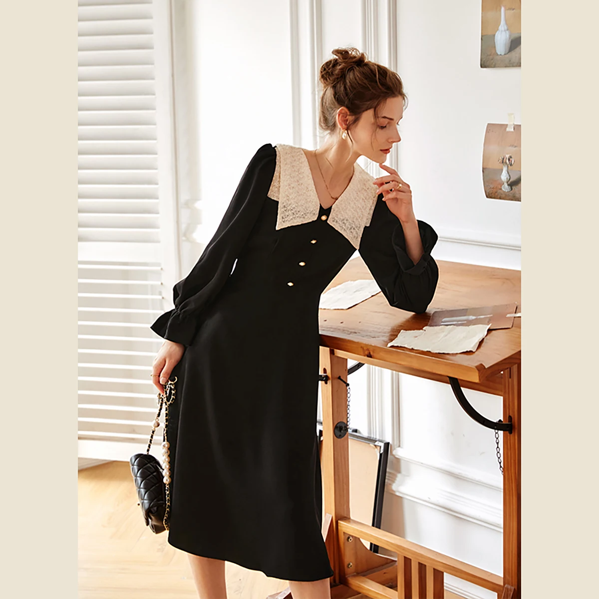 OLrain Black Dresses Woman Elegant Ladies 2025 Autumn French Fashion Lace V Neck Long Sleeve Midi Dress Women Clothes O22CL58351