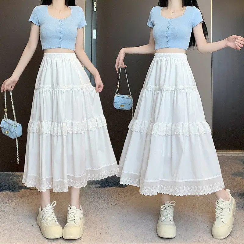 

Белая женская юбка миди А-силуэта, новая коллекция весна-лето, приталенная, с высокой талией, фасона «торт» с оборками, фееричная юбка