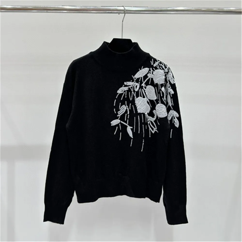 Autumn Winter 2024 Women\'s Half-High Collar Embroidered Sequins Pullover Sweater Long-Sleeved Knitted Top