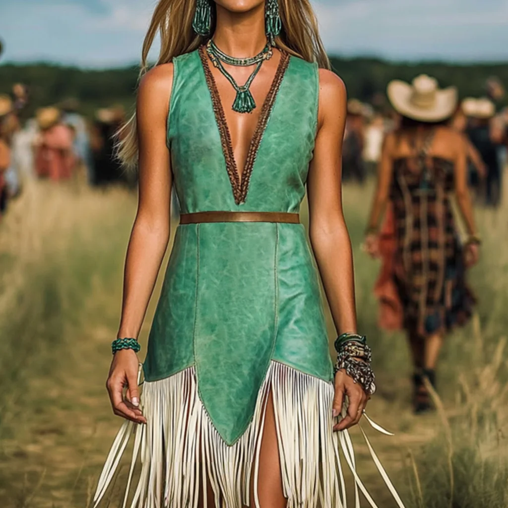

Summer Western Patterned Sexy Deep V Neck Sleeveless Fringe Midi Dress for Women Indie Folk Style Leather Slim Fit Dresses