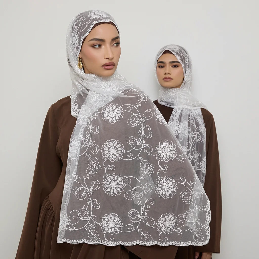 

New Elegant Wave Edge Embroidered Long Shawls Lace Headscarf Flower Pattern Breathable Retro Scarf Versatile Head Wraps